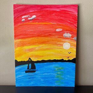 9 x12 Canvas Painting | Sunset on a Lake with Sailboat